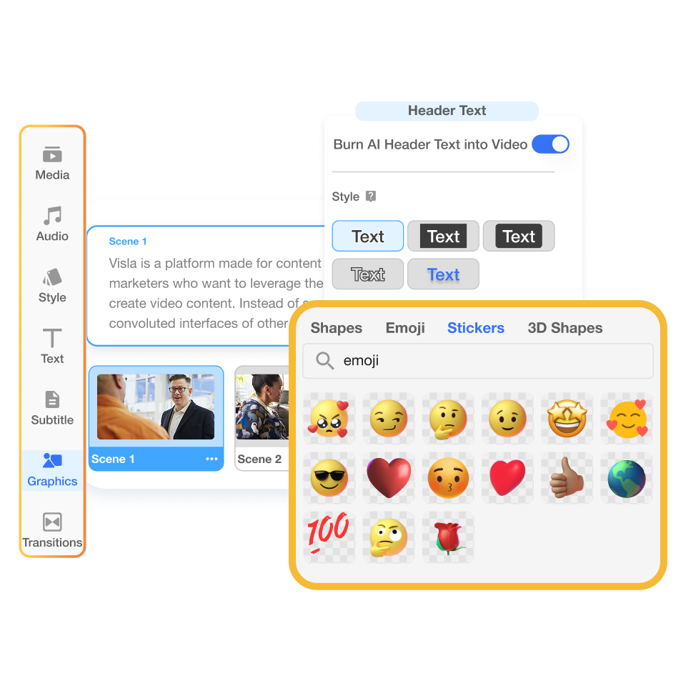 Scene-based editor in Banking Video Creator used to tweak voiceovers, visuals, and scene timing.